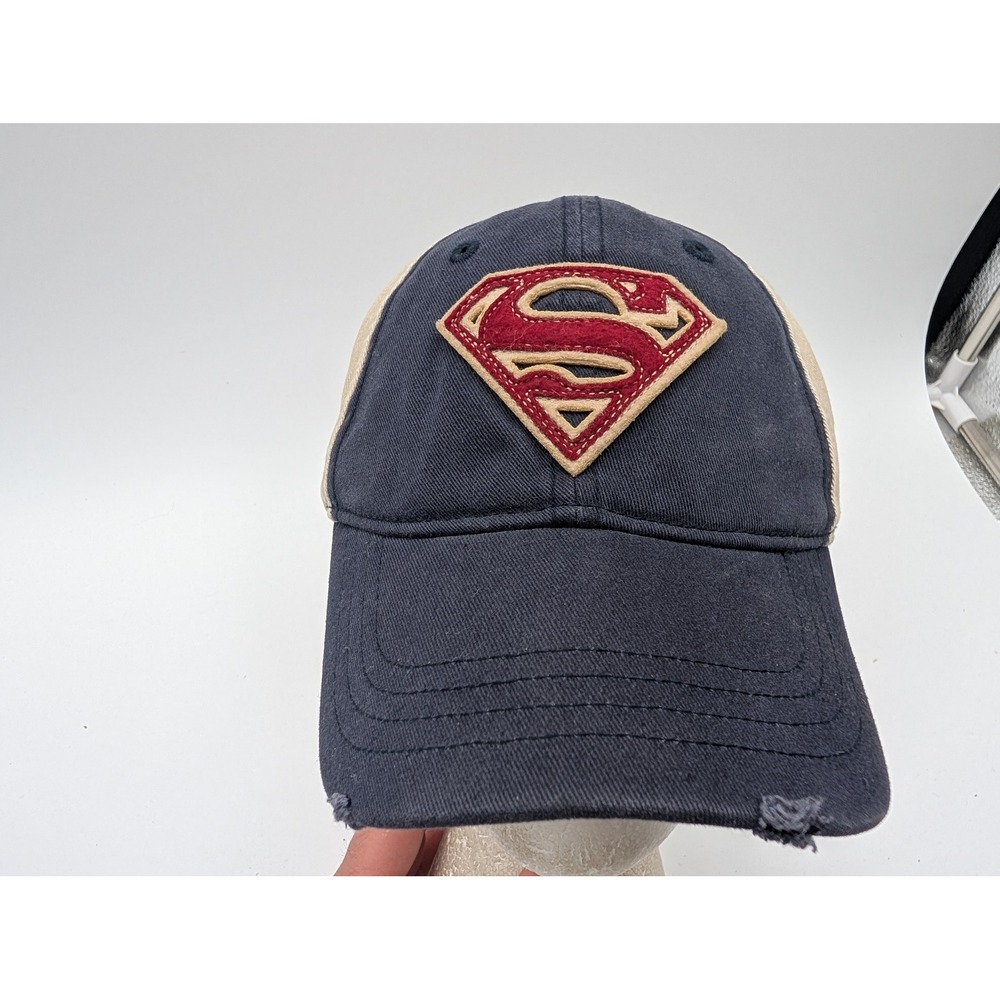 Superman Baseball Hat Navy Tan Distressed Logo Adjustable Strap Cap